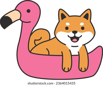 Cute shiba inu dog in inflatable pink flamingo. Vector illustration