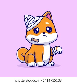 Enfermedad por lesión de perro de Shiba chiba inu con vector de caricatura de banda 
Ilustración de iconos. Concepto de icono médico animal aislado 
Vector Premium. Estilo de dibujo plano
