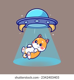 Cute Shiba Inu Dog Invasion By UFO Spaceship Cartoon Vector Icon Illustration. Animal Science Icon Concept Isolated Premium Vector. Flat Cartoon Style