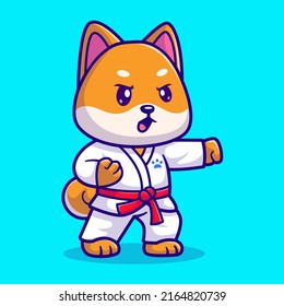 Cute Shiba Inu Dog Karate Cartoon Vector Icon Illustration. Animal Sport Icon Concept Isolated Premium Vector. Flat Cartoon Style