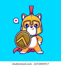 Cute Shiba Inu Dog Knight With Shield Cartoon Vector Icon Illustration. Animal Holiday Icon Concept Isolated Premium Vector. Flat Cartoon Style