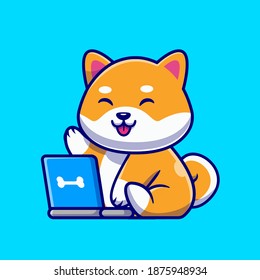 Cute Shiba Inu Dog With Laptop Cartoon Vector Icon Illustration. Animal Technology Icon Concept Isolated Premium Vector. Flat Cartoon Style