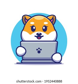 Cute shiba inu Hund mit Laptop-Cartodesign