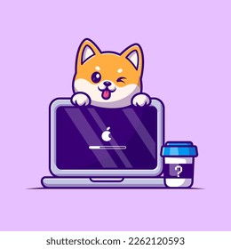 Cute Shiba Inu Dog with Laptop and Coffee Cartoon Vector Icon Illustration. Animal Technology Icon Concept Isolated Premium Vector. Flat Cartoon Style