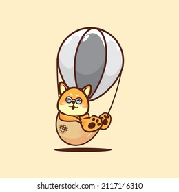 Cute Shiba inu dog laying in air balloon cartoon flat minimalism vector illustration