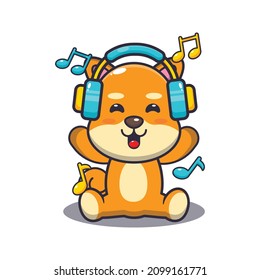Cute shiba inu dog listening music with headphone. Cute cartoon animal illustration.