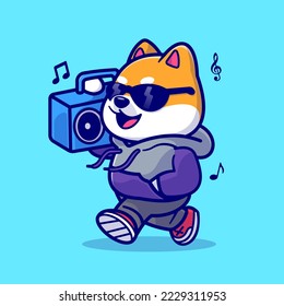 Cute Shiba Inu Perro Escuchando Música Con Ilustración De Icono Del Vector De Caricatura Boombox. Vector Premium Aislado De Concepto De Icono De Música Animal. Estilo de dibujo plano