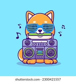 Cute Shiba Inu Dog Listening Music with Boombox Cartoon Vector Icon Illustration. Animal Music Icon Concept Isolated Premium Vector. Flat Cartoon Style