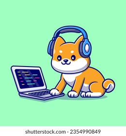 Cute Shiba Inu Dog Listening Music with Laptop And Headphone Cartoon Vector Icon Illustration. Animal Technology Icon Concept Isolated Premium Vector. Flat Cartoon Style