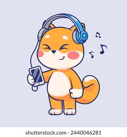 Perro Lindo Shiba Inu Escuchando Música En El Teléfono Con La Ilustración Del Icono Del Vector Del Dibujo Animado Del Auricular. Icono de tecnología animal concepto aislado Vector Premium. Estilo plano de dibujos animados