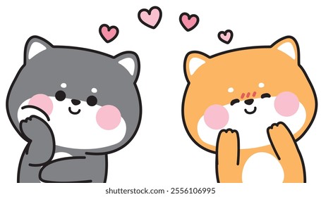 Cute shiba inu dog look each other with heart love and shy feeling. Valentines day.Japanese pet animal character cartoon design.Kawaii.Vector.Illustration.