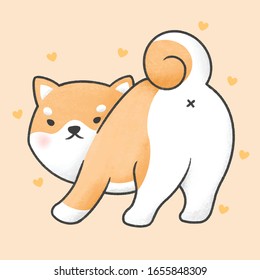 Cute shiba inu dog looking back hand drawn cartoon animal character. Hand drawing vector. Cartoon character design.