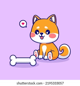 Cute Shiba Inu Dog Looking At Bone Cartoon Vector Icon Illustration. Animal Nature Icon Concept Isolated Premium Vector. Flat Cartoon Style