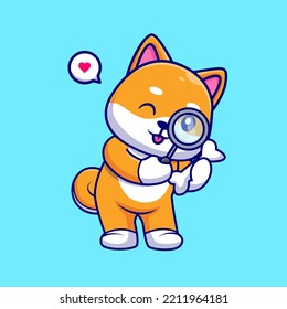 Cute Shiba Inu Dog Looking At Bone With Magnifying Glass Cartoon Vector Icon Illustration. Animal Nature Icon Concept Isolated Premium Vector. Flat Cartoon Style