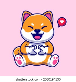 Cute Shiba Inu Dog With Love Sign Hand Cartoon Vector Icon Illustration. Animal Nature Icon Concept Isolated Premium Vector. Flat Cartoon Style