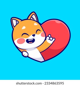 Cute Shiba Inu Dog Love Heart Sign Cartoon Vector Icon Illustration. Animal Holiday Icon Concept Isolated Premium Vector. Flat Cartoon Style