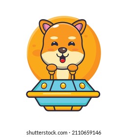cute shiba inu dog mascot cartoon character fly with ufo