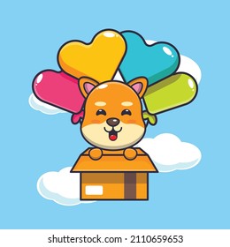 cute shiba inu dog mascot cartoon character fly with balloon