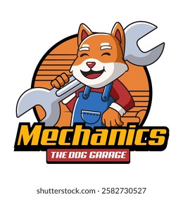 Cute Shiba Inu Dog Mechanic holding Wrench or Spanner Mascot Cartoon Character Illustration