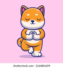 Ilustración del icono del vector de dibujos animados de yoga en el perro chiba inu. Vector Premium Aislado De Icono De Deportes Animales. Estilo de dibujo plano