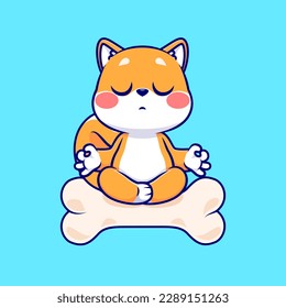 Cute Shiba Inu Dog Meditation Yoga On Bone Cartoon Vector Icon Illustration. Animal Sport Icon Concept Isolated Premium Vector. Flat Cartoon Style