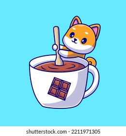 Cute Shiba Inu Perro mezclando Chocolate en la Copa Ilustración del Vector de Caricatura. Vector Premium Aislado Con El Concepto De Icono De Bebida Animal. Estilo de dibujo plano