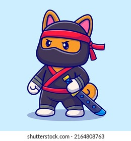 Cute Shiba Inu Dog Ninja With Sword Katana Cartoon Vector Icon Illustration. Animal Holiday Icon Concept Isolated Premium Vector. Flat Cartoon Style