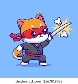 Cute Shiba Inu Dog Ninja Slash Bone With Katana Sword 
Cartoon Vector Icon Illustration. Animal Holiday Icon Concept 
Isolated Premium Vector. Flat Cartoon Style 