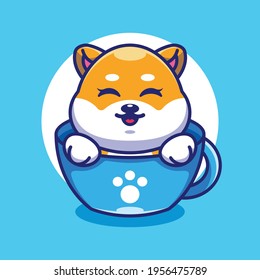 Cute shiba inu dog on cup coffee cartoon