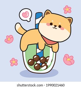 Cute shiba inu dog on bubble milk green tea cartoon.Character design.Japanese animal.Kawaii.Image for card,wallpaper,shirt print,kid product,sticker,background.Graphic.Art.Isolated.Vector.Illustration