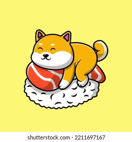 Cute Shiba Inu Dog On Sushi Cartoon Vector Icons Illustration. Flat Cartoon Concept. Suitable for any creative project.
