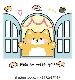 Nette shiba inu Hund öffnen Sie das Fenster mit Sushi ist japanisches Essen.Haustier Tier Charakter Cartoon Design.Bild für Karte, Aufkleber,Baby Produkt.Kawaii.Vektorgrafik.Illustration