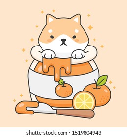 Cute shiba inu dog in an orange jam jar cartoon animal character vector. Cartoon character design.