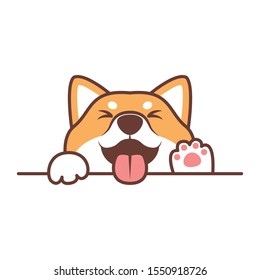 Cute Shiba Inu Dog Paws Up Over Wall, Dog Face Cartoon, Vector Illustration