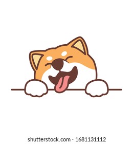 Cute shiba inu dog paws up over wall, dog face cartoon icon, vector illustration