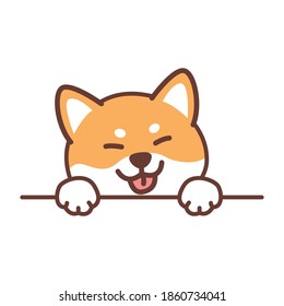 Cute shiba inu dog paws up over wall, vector illustration