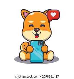 Cute shiba inu dog with phone. Cute cartoon animal illustration.