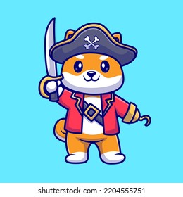 Cute Shiba Inu Dog Pirate Holding Sword Cartoon Vector Icon Illustration. Animal Holiday Icon Concept Isolated Premium Vector. Flat Cartoon Style