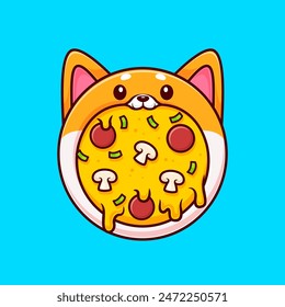 Lindo Shiba Inu Dog Pizza Vector de dibujos animados Ilustración. Concepto de ícono de comida animal Vector Premium aislado. Estilo plano de dibujos animados