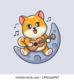 Cute Shiba Inu Dog Playing Guitar On The Moon