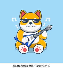 Cute Shiba Inu Dog Playing Electric Guitar With Sunglasses Cartoon Vector Icon Illustration. Animal Hobby Icon Concept Isolated On Blue Background. Good for a mascot, emoticons, sticker. 