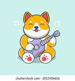 Cute Shiba Inu Dog Playing Acoustic Guitar And Singing Cartoon Vector Icon Illustration. Animal Hobby Icon Concept Isolated On Green Background. Good for a mascot, emoticons, sticker.