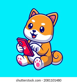 Cute Shiba Inu Dog Playing Phone Cartoon Vector Icon Illustration. Animal Technology Icon Concept Isolated Premium Vector. Flat Cartoon Style