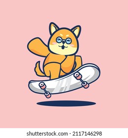 Cute Shiba inu dog playing skateboard cartoon flat minimalism vector illustration