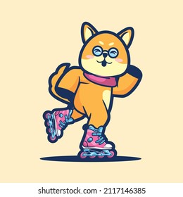 Cute Shiba inu dog playing rollerblade cartoon flat minimalism vector illustration