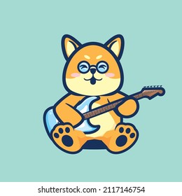 Cute Shiba inu dog playing electric guitar cartoon flat minimalism vector illustration