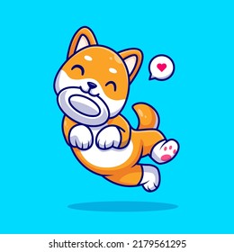 Perro Cute Shiba Inu Jugando Ilustración Del Vector De Dibujo De Placa De Frisbee. Concepto de icono de la naturaleza animal Vector Premium aislado. Estilo de dibujo plano