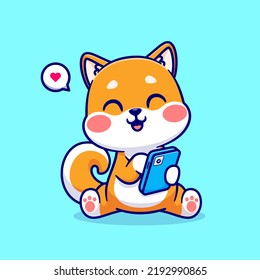 Cute Shiba Inu Dog Playing Phone Cartoon Vector Icon Illustration. Animal Technology Icon Concept Isolated Premium Vector. Flat Cartoon Style