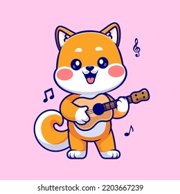 Cute Shiba Inu Dog Playing Guitar Cartoon Vector Icon Illustration. Animal Music Icon Concept Isolated Premium Vector. Flat Cartoon Style