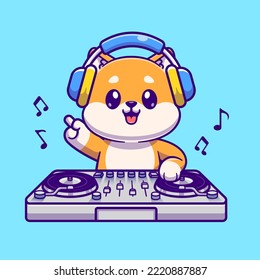 Cute Shiba Inu Dog Playing Dj Electronic Music With Headphone Cartoon Vector Icon Illustration. Animal Music Icon Concept Isolated Premium Vector. Flat Cartoon Style